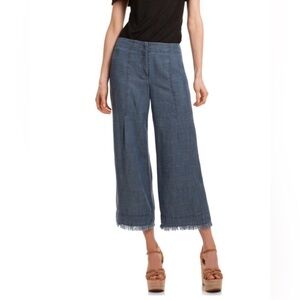 Trina Turk Chambray Wide Leg Frayed Pant Cropped Lightweight Size 4 Linen